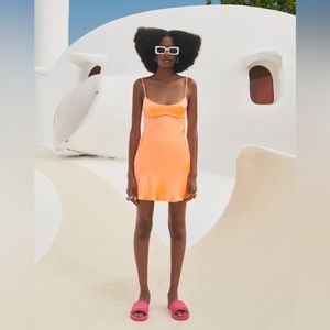 Bright tangerine satin mini dress from Zara